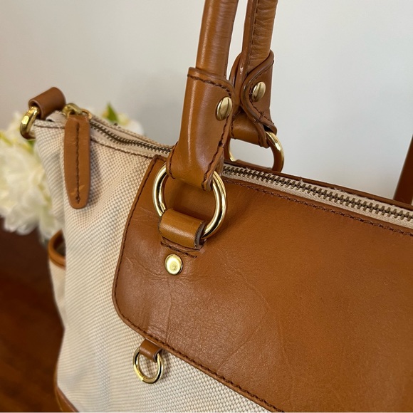 J. Crew Crossbody/Shoulder Bag/Handbag Cream Canvas and Tan Leather - Picture 4 of 13
